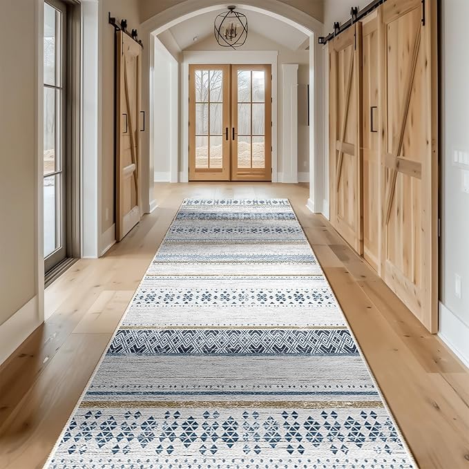 BESTSWEETIE 2x8 Area Rugs for Living Room Washable Moroccan Farmhouse Neutral Geometric Low Pile Non-Slip Soft Print Pattern Rug for Bedroom Kitchen Dining Room Entryway Blue/Brown