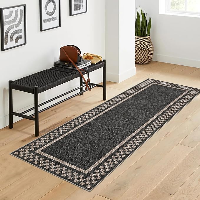 Washable Runner Rug 2x10 Modern Bordered Hallway Runner Rug Non Slip Kitchen Throw Carpet Checkered Bathroom Entryway Runner Rugs Low Pile Solid Area Rugs for Living Room Bedroom Nursery Sink, Black
