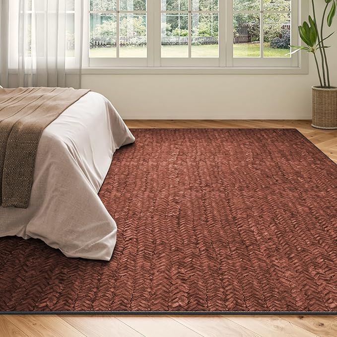 Eleisa Modern Vintage 10x14 Herringbone Chevron Area Rug, Non-Slip Stain Resistant Washable Rug, Wine & Red Large Rug for Living Room, Farmhouse Carpet for Bedroom, Kitchen, Dining Room, Home Office