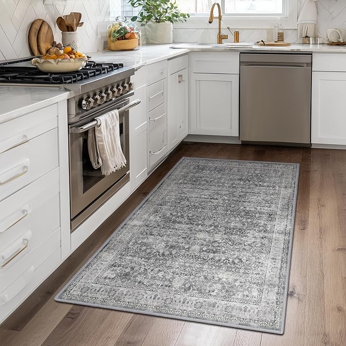 Grey Vintage 3x5 Entryway Rug Indoor Foyer, Neutral Gray Throw Rug for Kitchen Bathroom, Machine Washable Non Slip Thin Area Rug for Nursery/Bedroom Bedside/Home Office/Dorm