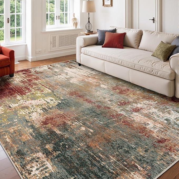 Washable Area Rugs 5'x8' Non-Slip Modern Abstract Soft for Living Room Entryway Bedroom Nursery, Print Pattern, Brown Rust Red Multi