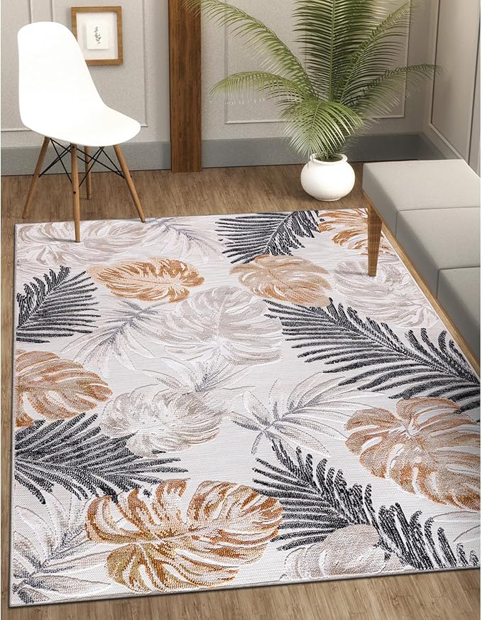 CAMILSON Indoor Outdoor Rug, Yellow 7’10”x10’ Leaf Tropical Botanical Area Rugs for Indoor and Outdoor patios, Easy-Cleaning Non-Shedding Living Room Garden and Kitchen Washable Outside Carpet (8x10)