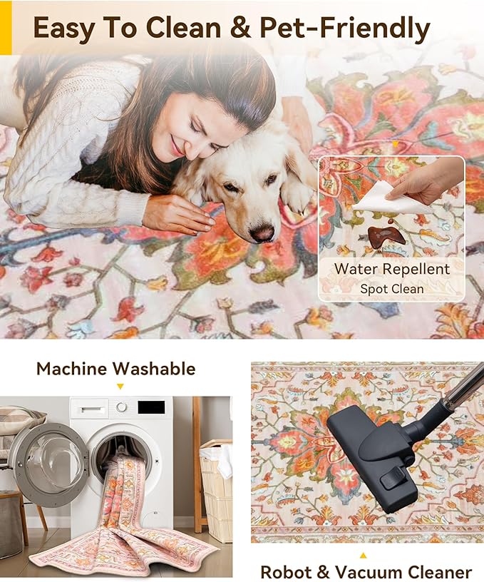 Area Rugs Square 10ft Washable Non-Slip, Floral Vintage Distress Print Pattern Medallion Carpet for Living Room Bedroom Dining Room, Light Pink Colorful