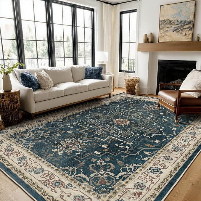 Large Vintage Area Rugs 9x12 for Living Room, Dark Distressed Medallion Printed Big Carpet Rugs for Bedroom, Washable Non Slip Low Pile Thin Rugs for Dining Room, Deep Blue/Multi
