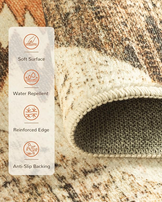 Area Rug 6x9 Rug Machine Washable Non-Slip Low Pile Print Pattern Western Rug for Living Room Bedroom Entryway Tribal Series -Cream/Camel