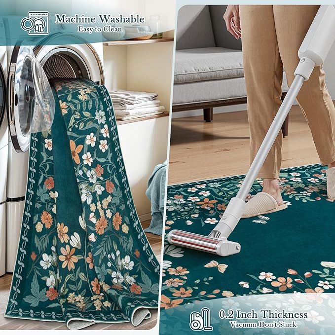 Wonnitar Washable 5x7 Floral Rugs for Living Room, Non-Slip Soft Bedroom Rug, Vintage Low Pile Dining Room Teal Green Area Rug Floor Carpet for Mud Room (Teal Green,5'x7')
