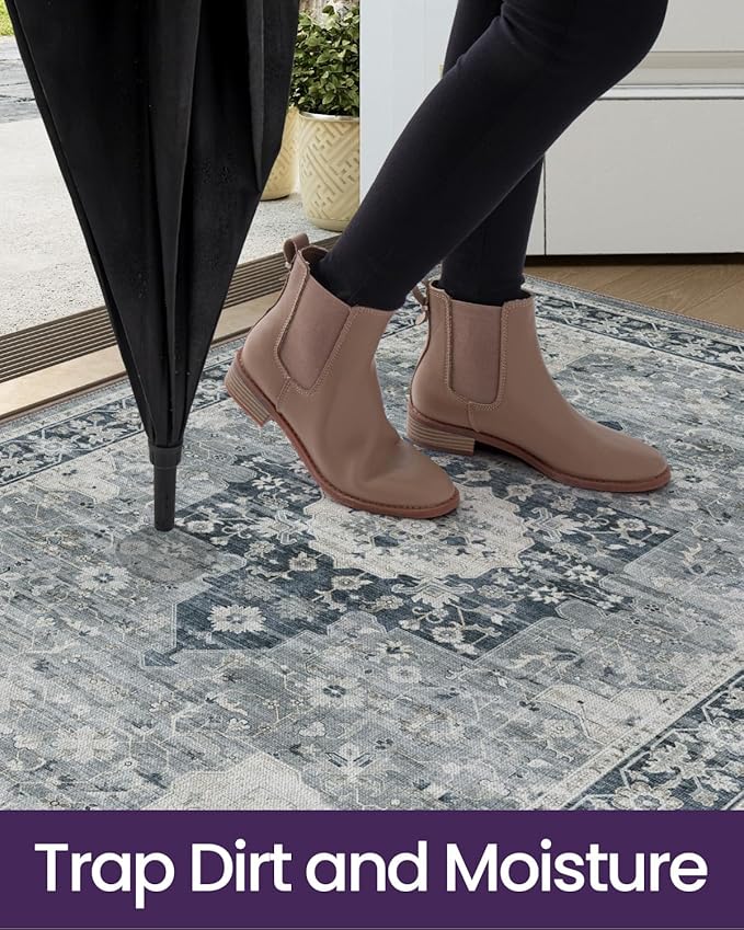 DEXI Area Rugs for Entryway 2x3, Washable Low Pile Vintage Traditional Entry Rug Non Slip, Small Indoor Door Mat for Bedroom Kitchen Entrance Hallway, Blue Grey