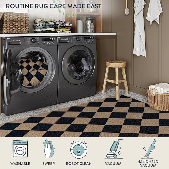 Lahome Checkered Easy Jute Carpet, Washable 8x10 Rugs for Living Room Outdoor Patio Rugs, Farmhouse Neutral Non Slip Stain Resistance Floor Carpet for Office Backyard Sunroom