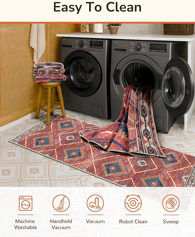 Area Rug 10x14 Rug Machine Washable Non-Slip Low Pile Print Pattern Western Rug for Living Room Bedroom Entryway Tribal Series -Red/Orange