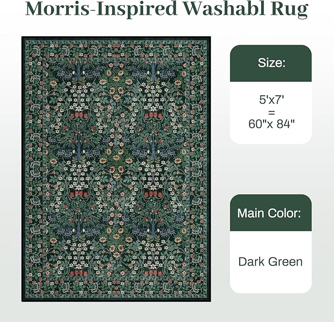 5x7 Area Rugs Living Room Rug - Floral Vintage Morris-Inspired Washable Carpet, Low Pile Non-Shedding Stain Resistance Boho Soft Carpet for Bedroom, Dining Room, Office, Farmhouse (5'x7' Dark Green)
