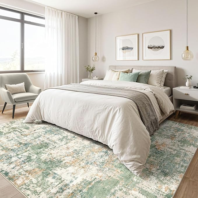 6x8 Area Rug Living Room: Washable Large Abstract Soft Green Rug Stain Resistant Indoor Floor Non-Slip Accent Carpet for Men Modern Home Enthusiasts Aged 25-45 - Bedroom Office Playroom