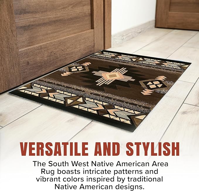 YHSF South West Native American Area Rug C318 - Easy Clean, Thick, Soft, Durable Native Tribal American Indian Inspired Rug for Bedroom/Living Room and More - Chocolate Brown, 5 Feet x 7 Feet