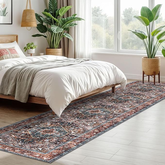 KOZYFLY Runners for Hallways 2x10 Ft Washable Kitchen Runner Rug Boho Runner Rug for Entryway Indoor Printed Faux Wool Carpet Runner for Bedroom Kitchen Hall, Brick Red/Orange/Green