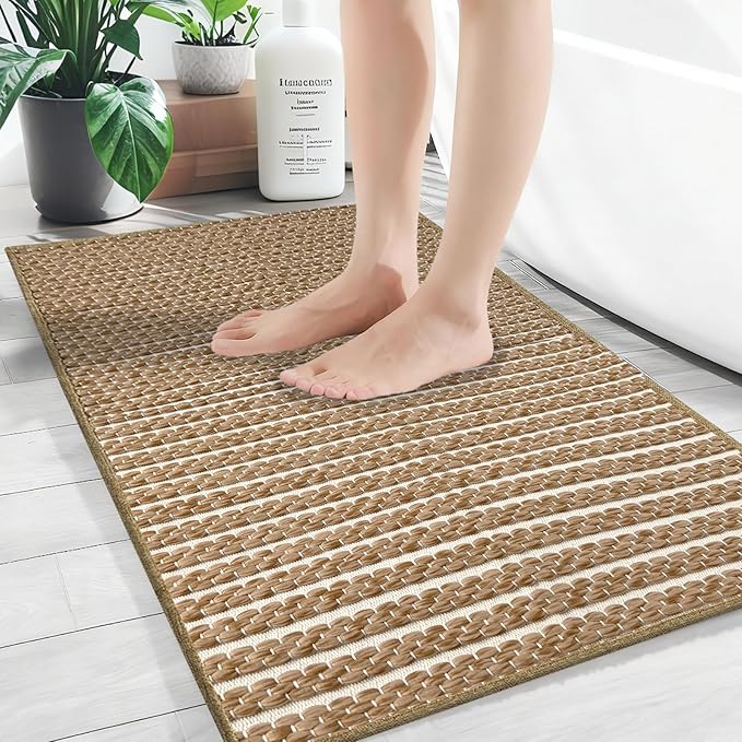 Small Bathroom Rugs,18"x30" Non Slip Brown Braided Bath Mat for Bathroom Floor,Washable Luxury Bath Rug for Tub Soft Boho Absorbent Shower Mat