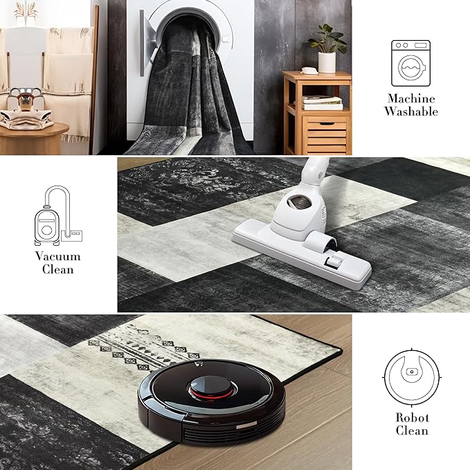 Tepook Modern Area Rug for Living Room, 6x9 Geometric Large Rugs for Bedroom, Washable Patchwork Rug Indoor Non-Slip Throw Carpets for Dining Room Office Farmhouse Home Decor, Black and White