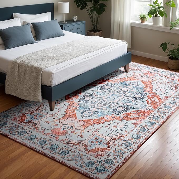 5x7 Washable Rug – Boho Non-Slip Indoor Area Rug for Living Room, Bedroom, Dining Room, Entryway – Light Blue and Terracotta Bohemian Style