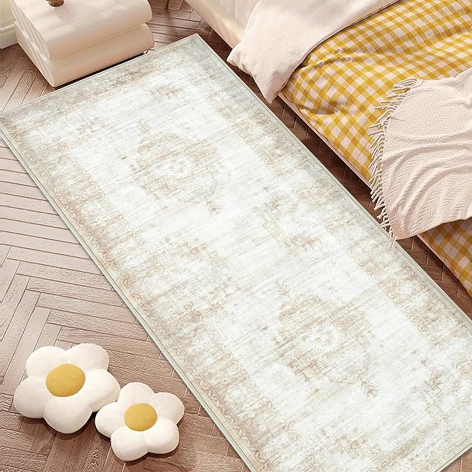 Runner Rug 2x6 Entryway Rug - Machine Washable Vintage Boho Area Rug Non-Slip Kitchen Runner Soft Stain Resistant Runners for Hallways Entryway Laundry Kitchen Bathroom Bedroom (Beige, 2'x6')