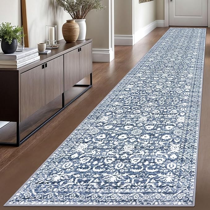 Runner Rug 2.6x16, Light Blue White Washable Long Hallway Rug Runner Non-Slip Soft Kitchen Runner Thin Printed Faux Wool Super Soft Carpet for Entryway Bedroom Laundry Room Indoor Home Decor