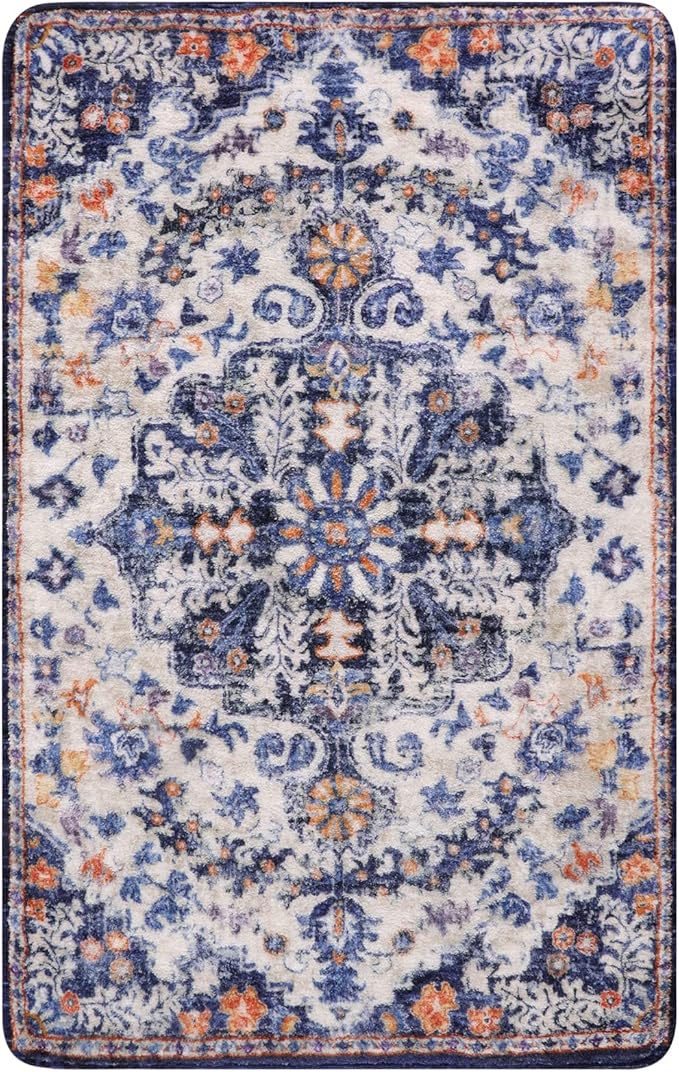 Lahome Bohemian Floral Medallion Area Rug - 3x5 Blue Soft Entryway Rug Washable Bedroom Mat, Cute Non Slip Indoor Office Carpet for Kitchen Mudroom Bathroom Coffee Table Hall Foyer