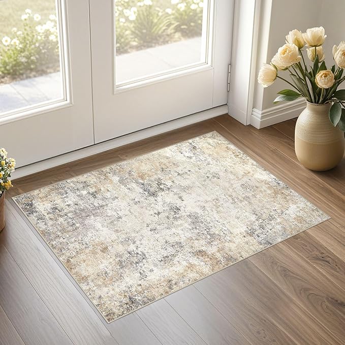2x3 Entryway Area Rug: Washable Neutral Modern Abstract Small Rug - Non-Slip Low Pile Throw Indoor Carpet for Entrance Kitchen Front Door Mat Bathroom Entry Kids Room - Golden Grey