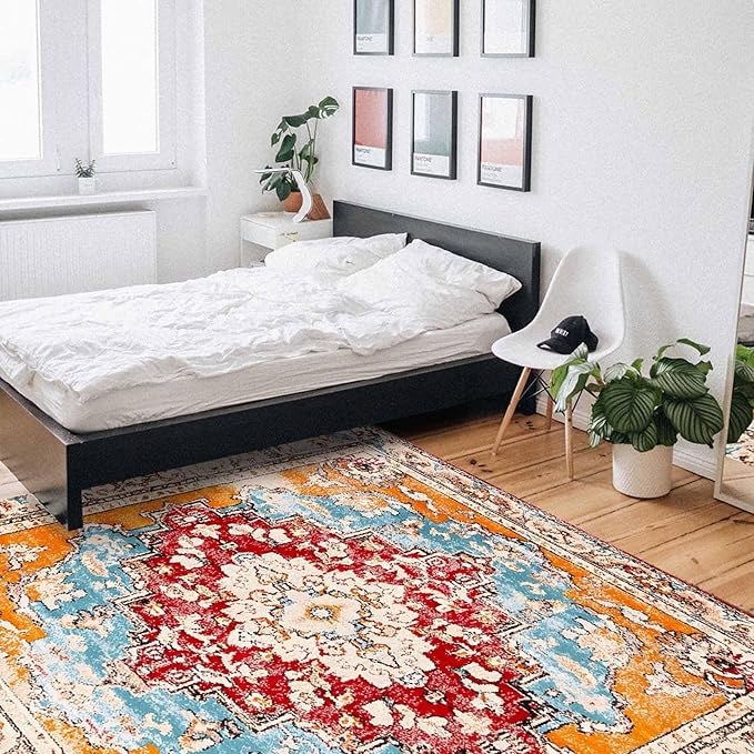 Bohemian Pattern Rectangular Area Rugs for Living Room Bedroom 4 x 6 ft Red & Orange Abstract Non-Shedding Soft Low Pile Rug Non Slip Washable Rug for Nursery Entryway Playroom
