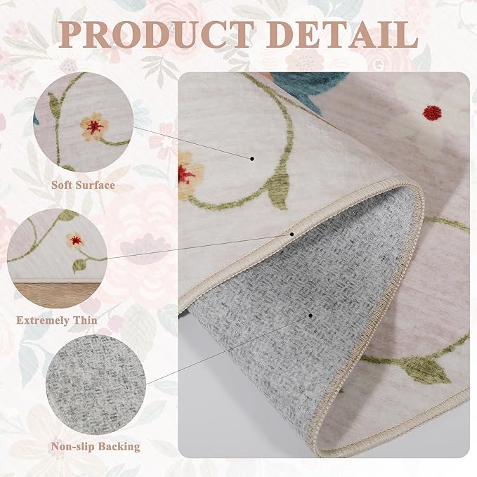 DUKINO 2x3 Rugs for Entryway, Floral Indoor Washable Door Mat, Non Slip Boho Small Rug for Kitchen, Soft Low Pile Front Door Throw Rug for Entrance, Bedroom, Kitchen, Laundry, Bathroom, Beige