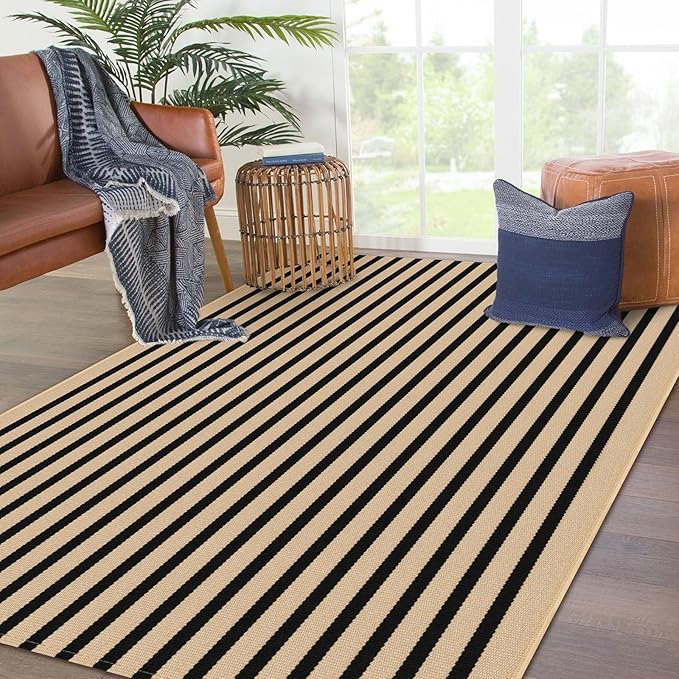 KOZYFLY Brown and Black Striped Rug 4x6 Ft Area Rug Washable Indoor Outdoor Rug Cotton Door Mat for Double Front Door Entryway Patio Porch Living Room Carpet