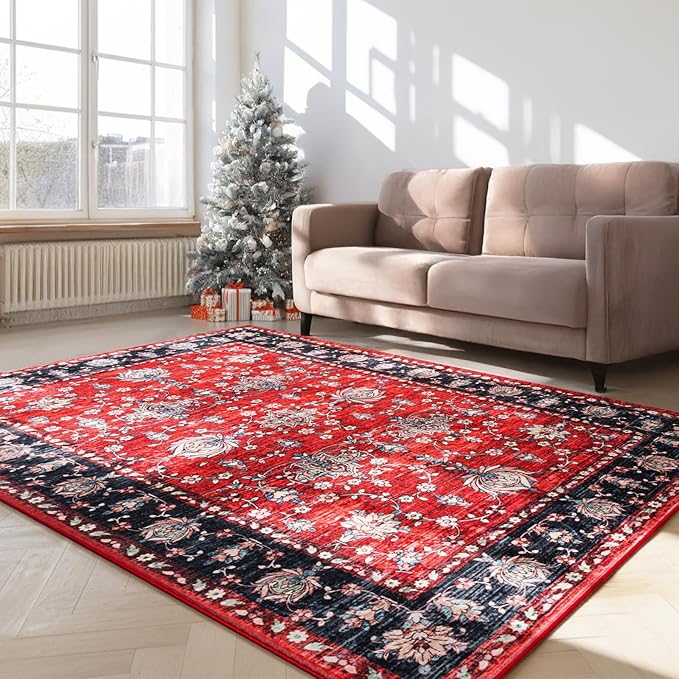 Area Rug for Living Room, 6x9 Machine Washable Non Slip Large Faux Wool Throw Rug, 0.3″ Low Pile & Non-Shedding Boho Large Carpet Rugs for for Dining Room, Bedroom, Office (Black Red)