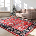 4x6 Washable Area Rug，Scarlet Red Vintage Accent Carpet with Navy Border, Boho Rug for Living Room, Dining Room，Bedroom, Entryway, Kitchen, Office, Indoor Non-Slip Mat, Holiday Ready