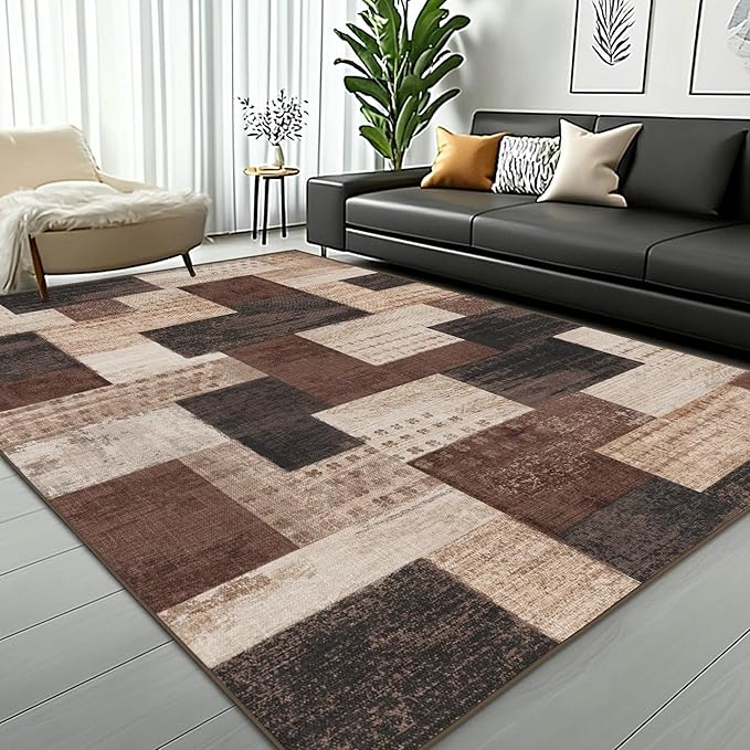 Modern Geometric Patchwork Indoor Area Rug for Living Room, Chocolate 6'x 9' Large Rug Rockwood Collection Hardwood Floors Decor for Bedroom, Brown Throw Carpet for Office Entryway Dining Room