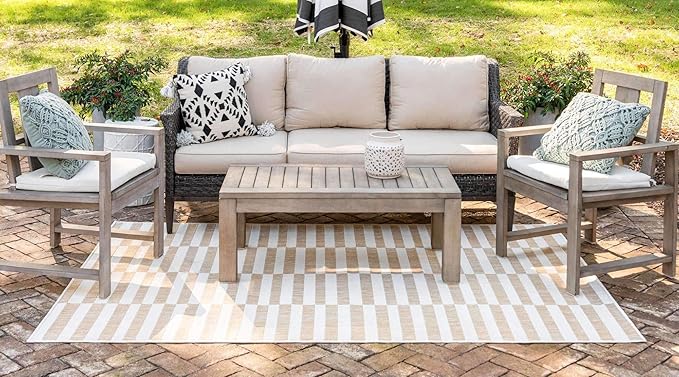 Unique Loom Outdoor Striped Collection Area Rug - Striped (9' x 12' Rectangle, Taupe/Ivory)