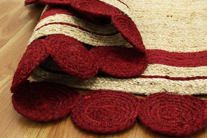 4x12 Oval Jute Runner – Handmade Boho Runner, Hand Braided Natural Jute, Solid Red Beige Flatweave, 0.27" Thick Oval Carpet for Entryway, Hallway, Corridor