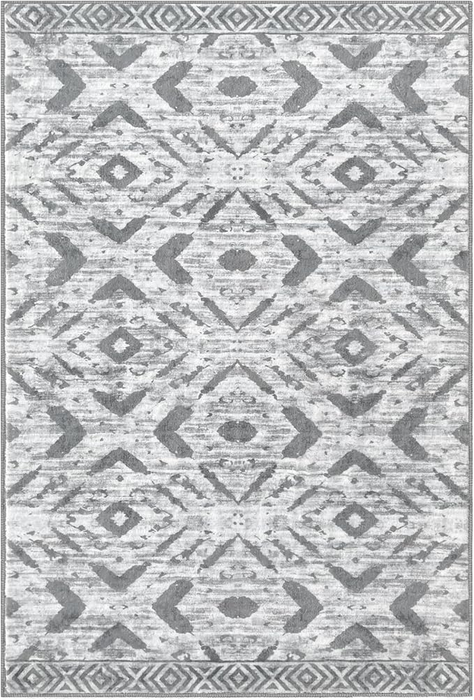 KILOCOCO Boho Entryway Rug 3x5 Area Rug Washable Non Slip Grey Throw Rugs Soft for Kitchen Living Room Dining Bedroom Rugs Geometric Moroccan Carpet