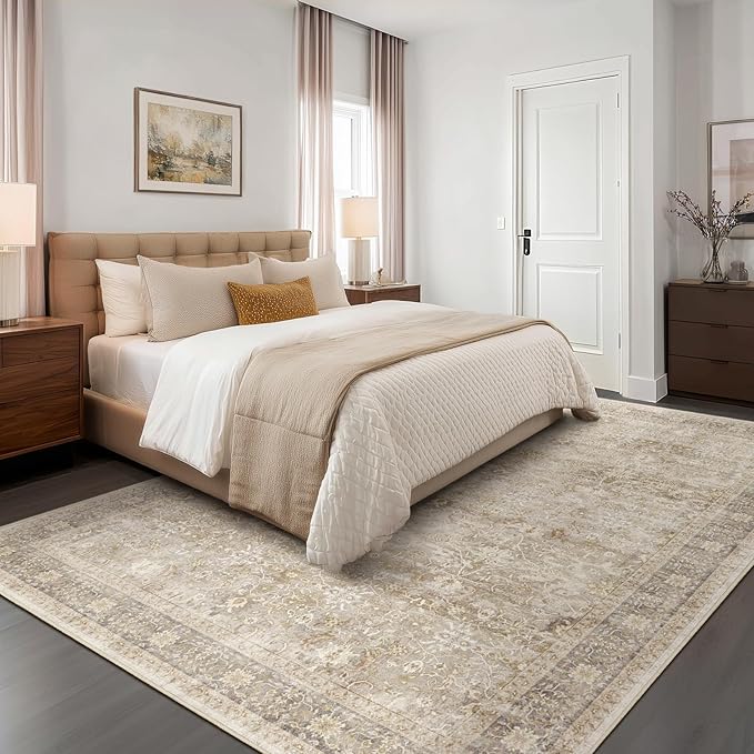 Beige Taupe Area Rug 6x9, Vintage Neutral Earth Tone Rugs for Living Room Bedroom, Washable Non Slip Low Pile Thin Carpet Rug for Dining Room Playroom Guest Room Home Office