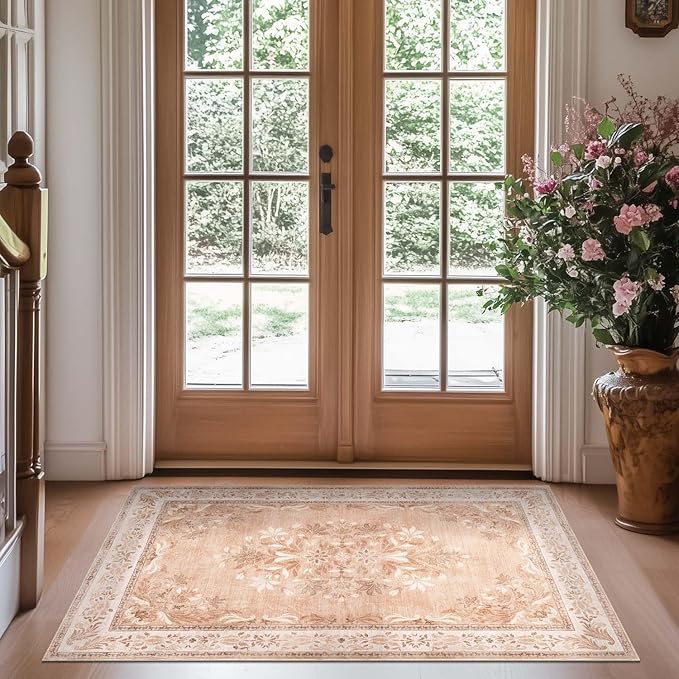 jinchan Vintage Floral 3x5 Area Rugs for Entryway - Machine Washable Distressed Design Ultra-Thin Low-Pile Soft Non-Shedding Carpet for Kitchen Bedroom Entrance Laundry Living Room (3x5ft, Coral Pink)