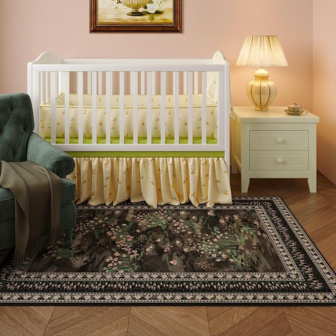 Rugcomf 5x7 Area Rugs Impressionist-Style Vintage Washable Area Rug Non Slip Low Pile Large Rugs for Living Room Bedroom Farmhouse Dining Room Kids Playroom, Black
