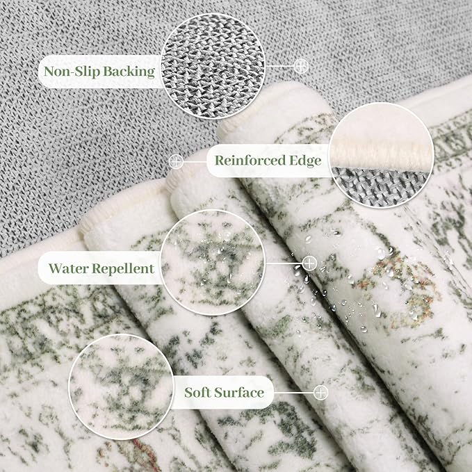 LIVEBOX Washable Area Rug 4x6 Vintage Tribal Bedroom Rugs Vintage Low-Pile Indoor Rug for Living Room, Non-Slip Retro Carpet Print Distressed Accent Carpet for Kitchen Entryway Office Camper, Sage