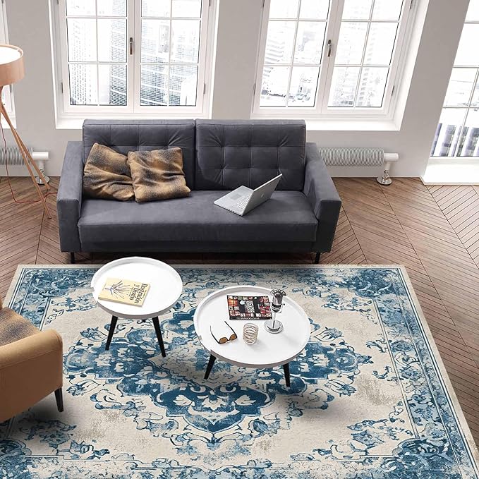 Blue Bohemian Rectangular Area Rugs for Living Room Bedroom 5 x 6.9 ft Vintage Farmhouse Floral Pattern Non-Shedding Soft Low Pile Rug Non Slip Washable Rug for Nursery Entryway Playroom
