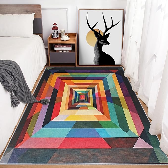 8x10 Colorful Geometry Rugs for Bedroom Decor, Washable Abstract Geometric Pattern Area Rug, Living Room Home Decoration, Non Slip Soft Thin, Abstract Art Decor Large Carpet PF-P 49