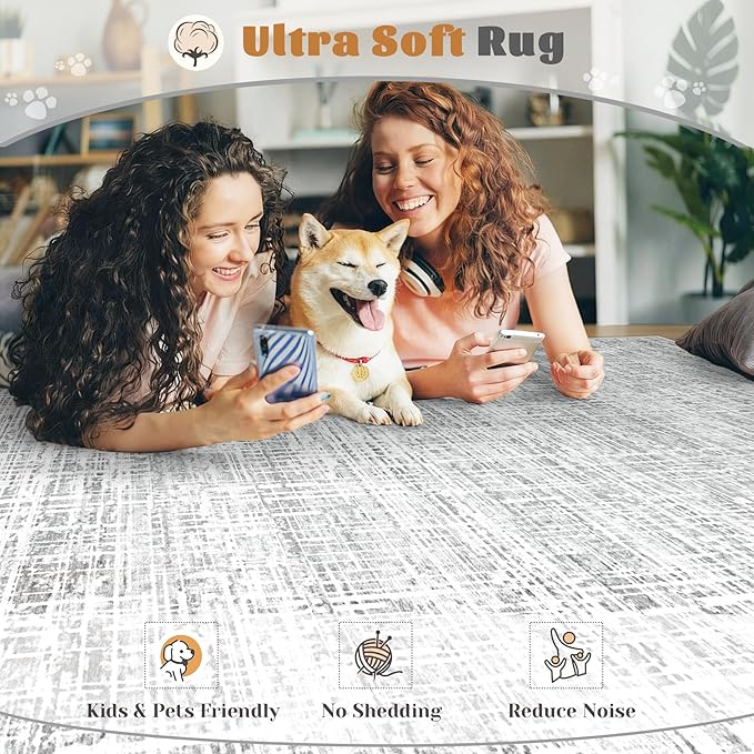 8x10 Area Rugs for Living Room, Washable Large Area Rug Neutral Modern Abstract Bedroom Rug Soft Non Slip Low Pile Stain Resistant Indoor Carpet for Nursery Kids Dining Room Office(Grey, 8'x10')