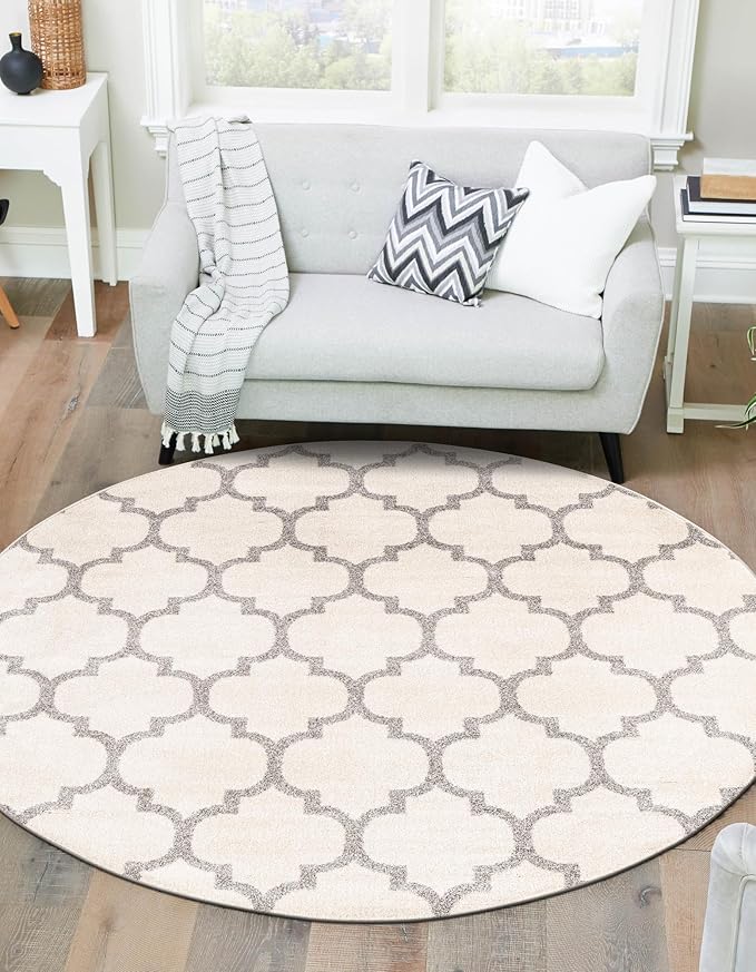 Rugs.com Lattice Collection Rug – 12 Ft Round Beige and Gray Medium-Pile Rug Perfect for Kitchens, Dining Rooms