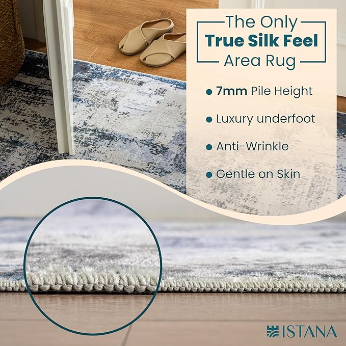 Istana Hallway Runner Rug 2x6 - Grey Navy Kitchen Rugs Non Slip Washable -Silk's Soft Touch Carpet Runner - Stylish Rug for Home