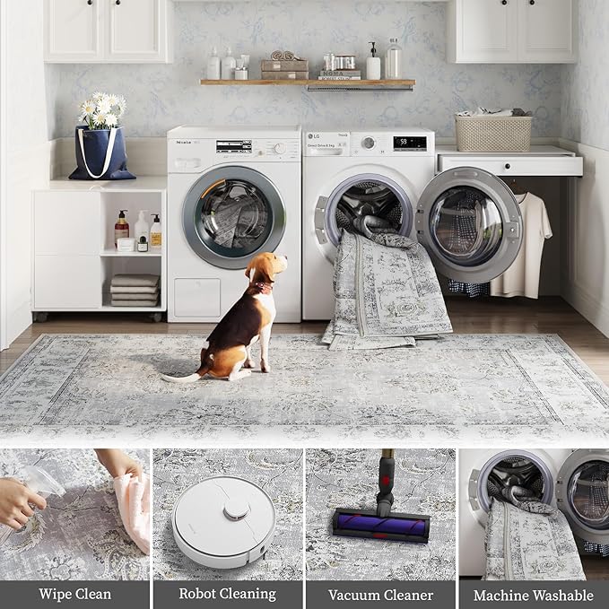 jinchan Fiora Long Hallway Runner Rug 2x12 Machine Washable Runner Rug Grey Vintage Floral Design Non-Slip Ultra-Thin for Kitchen Laundry Room Bedroom Farmhouse (2‘x12', Grey)