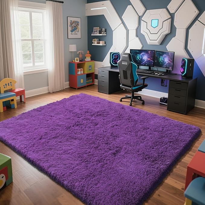 Purple Fluffy Rug Shaggy Area Rug, 6x9 Area Rugs for Girls Bedroom, Big Soft Shaggy Bedside Non-Slip Plush Dorm Nursery Kids Carpet Home Decor Aesthetic