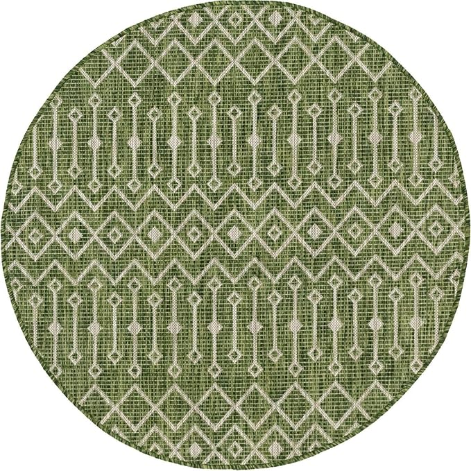 Unique Loom Outdoor Trellis Collection Area Rug - Tribal Trellis (5' 3" Round, Green/ Natural)