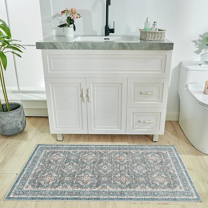 WITSHOCK Washable 2x4 Entryway Area Rug: Soft Non-Slip Backing Washable Rugs Vintage Flower Boho Accent Small Rugs for Bedroom, Kitchen, Bathroom, Nursery Entrance,Teal Blue
