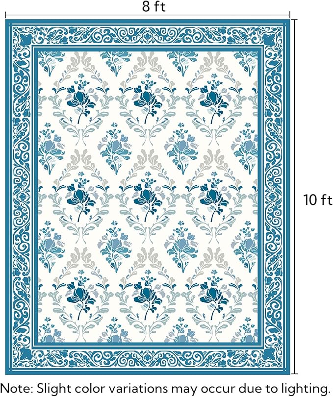SOULFUL Medium Pile 8x10 Rugs for Living Room - Soft Underfoot Large Area Rug - Blue Boho Floral - Washable Non-Slip - Perfect for Bedroom Kids Room Under Dining Table Office