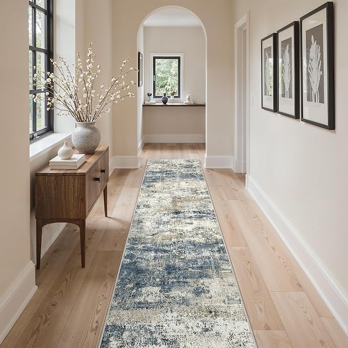 GENIMO Runner Rug Non Slip 2'6"x12', Washable Rug Runner for Hallways Kitchen, Abstract Modern Kitchen Rugs, Low Pile Lightweight Carpet Runners for Entryway, Bedroom, Laundry, Navy Blue