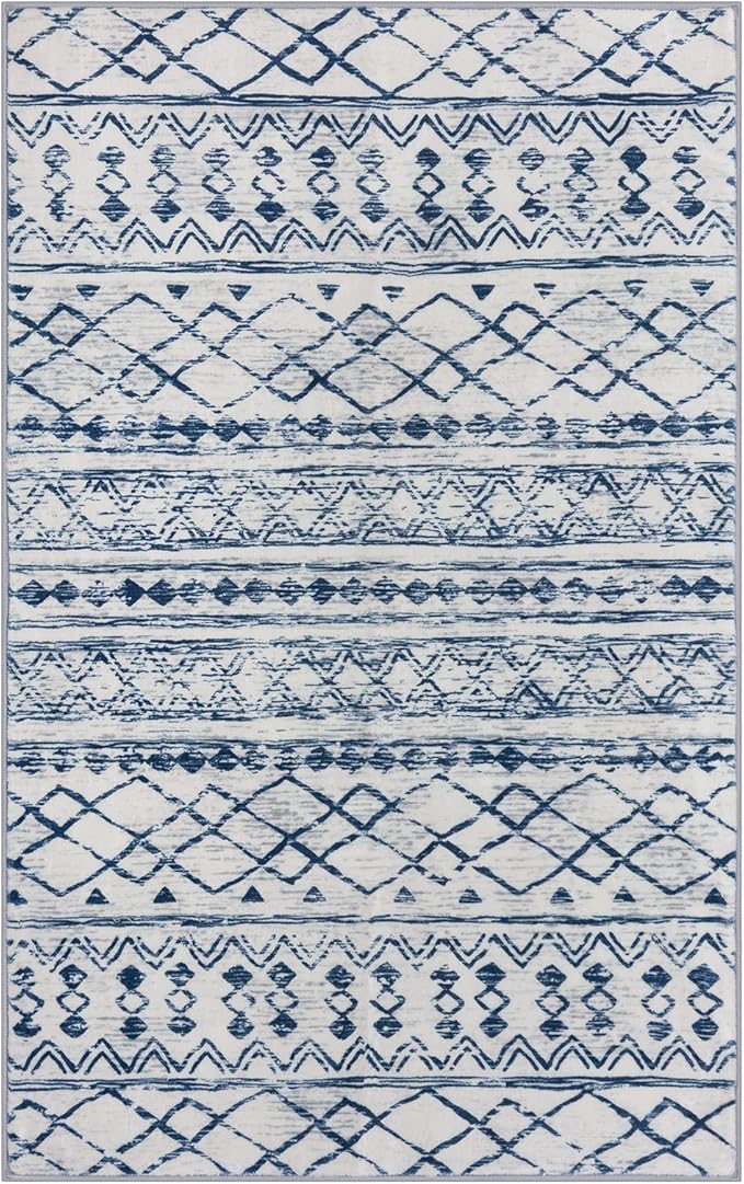 KUTA Moroccan Area Rugs, 2x3 Blue White Entryway Rug Non-Slip Washable Small Indoor Door Mat, Ultra Soft Print Vintage Distressed Geometric Low-Pile Floor Carpet for Entrance Kitchen