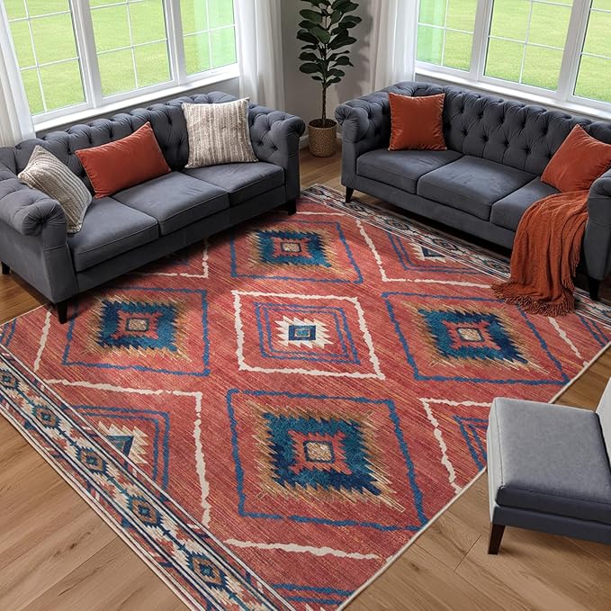 Area Rug 7x9 Rug Machine Washable Non-Slip Low Pile Print Pattern Western Rug for Living Room Bedroom Entryway Tribal Series-Red/Orange